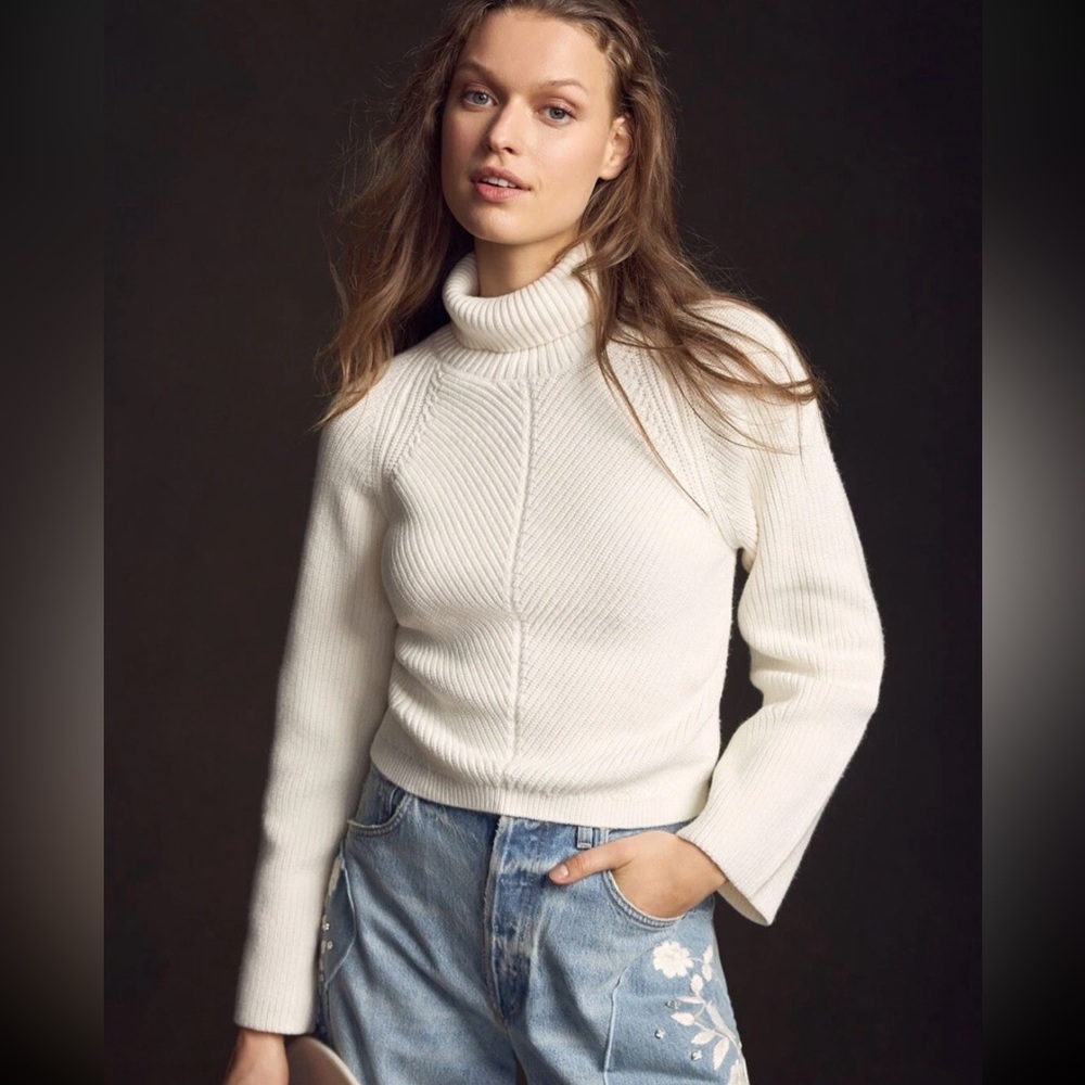 Anthropologie Maeve Ivory cream Cropped Turtleneck Sweater size medium